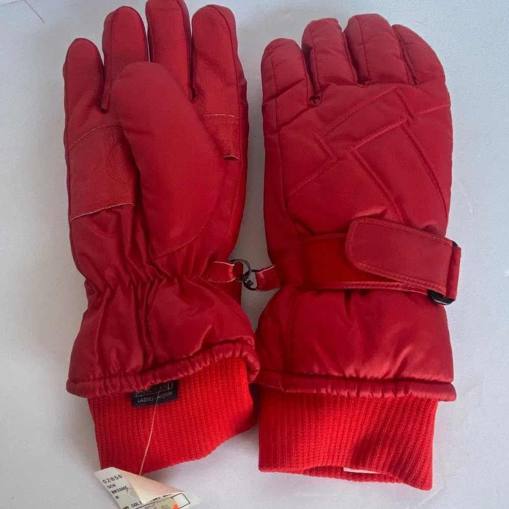 Lands End Ski Gloves Womens Medium Red NWT Thinsulate Leather Palm Winter